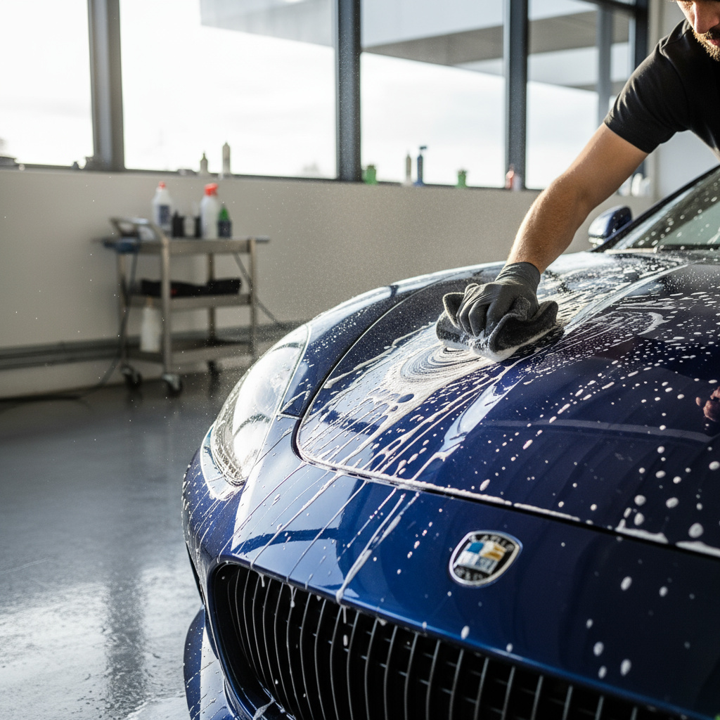 Detailing-Profi reinigt glänzende Motorhaube in einer Werkstatt