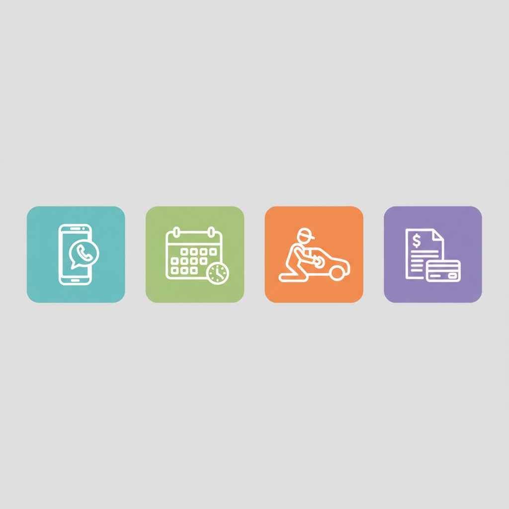 Vier Icons: Kontakt, Termin, Durchführung, Zahlung