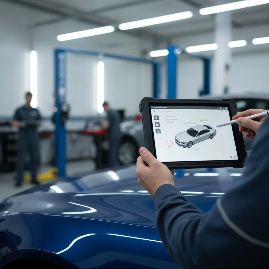 Techniker dokumentiert den Fahrzeugzustand mit einem Tablet